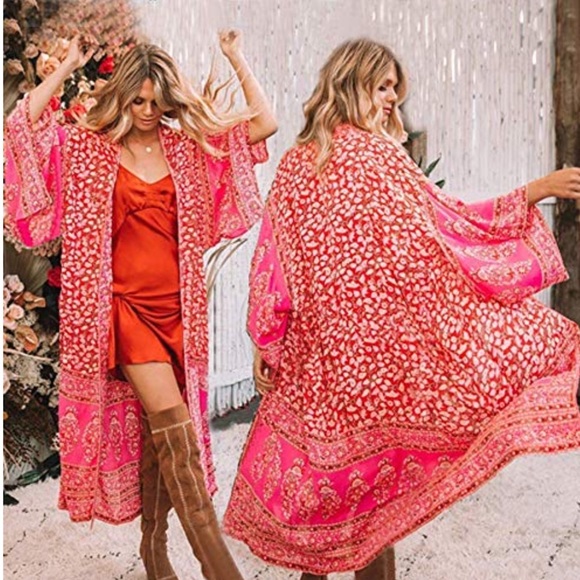 Red chiffon Boho Long Wrap Cover up chiffon - Picture 8 of 16